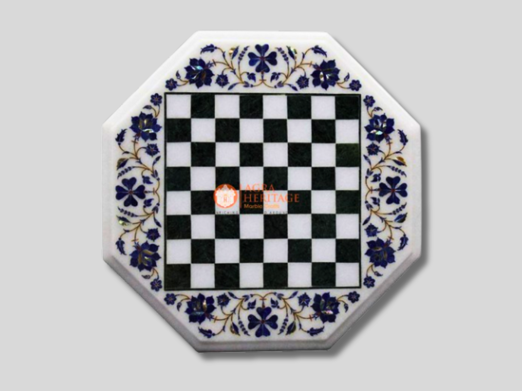 White Marble Lapis Lazuli Coffee Chess Table Top With Wooden Base